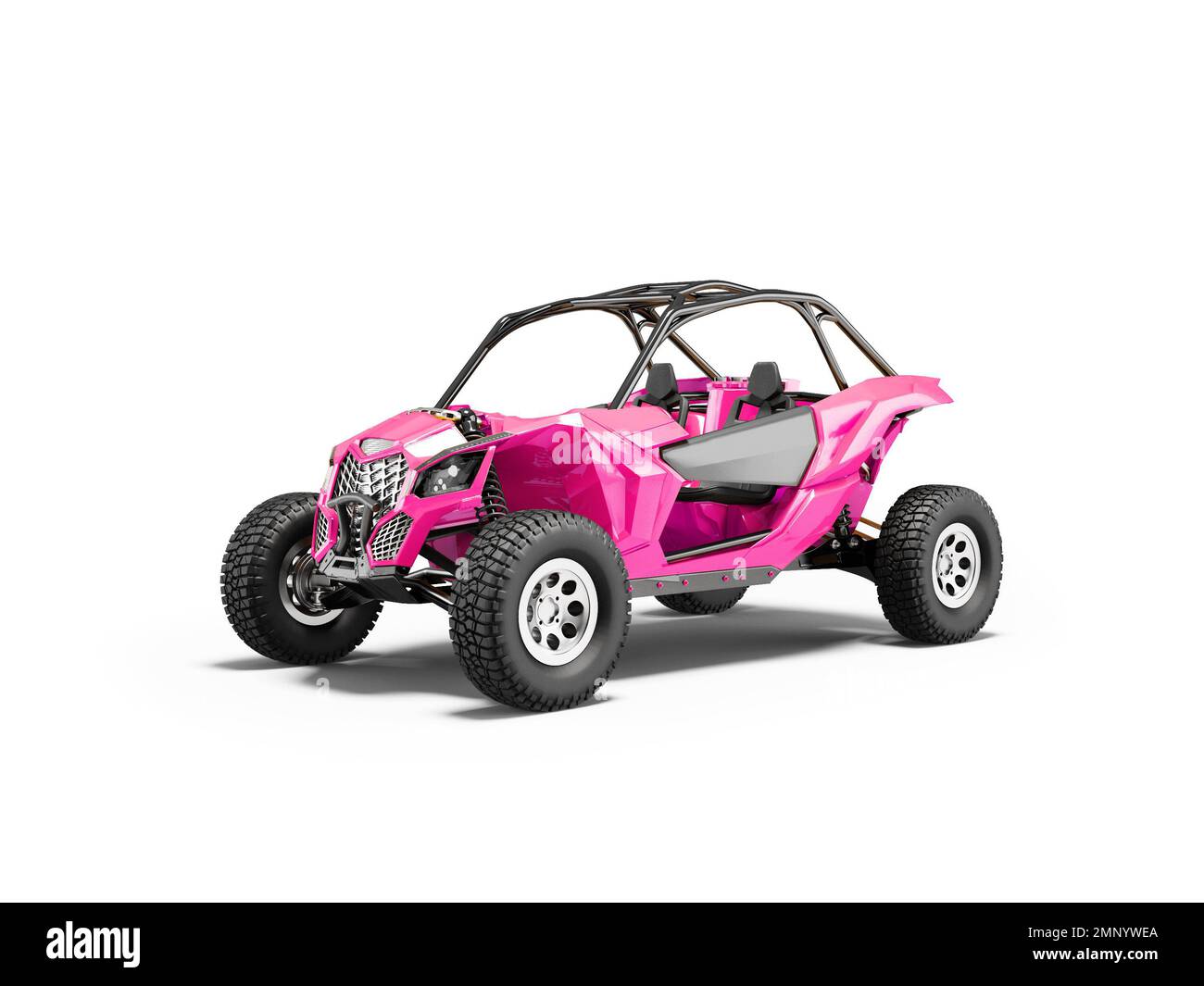 3D Abbildung eines pinkfarbenen Rallye-Wagens auf weißem Hintergrund mit Schatten Stockfoto