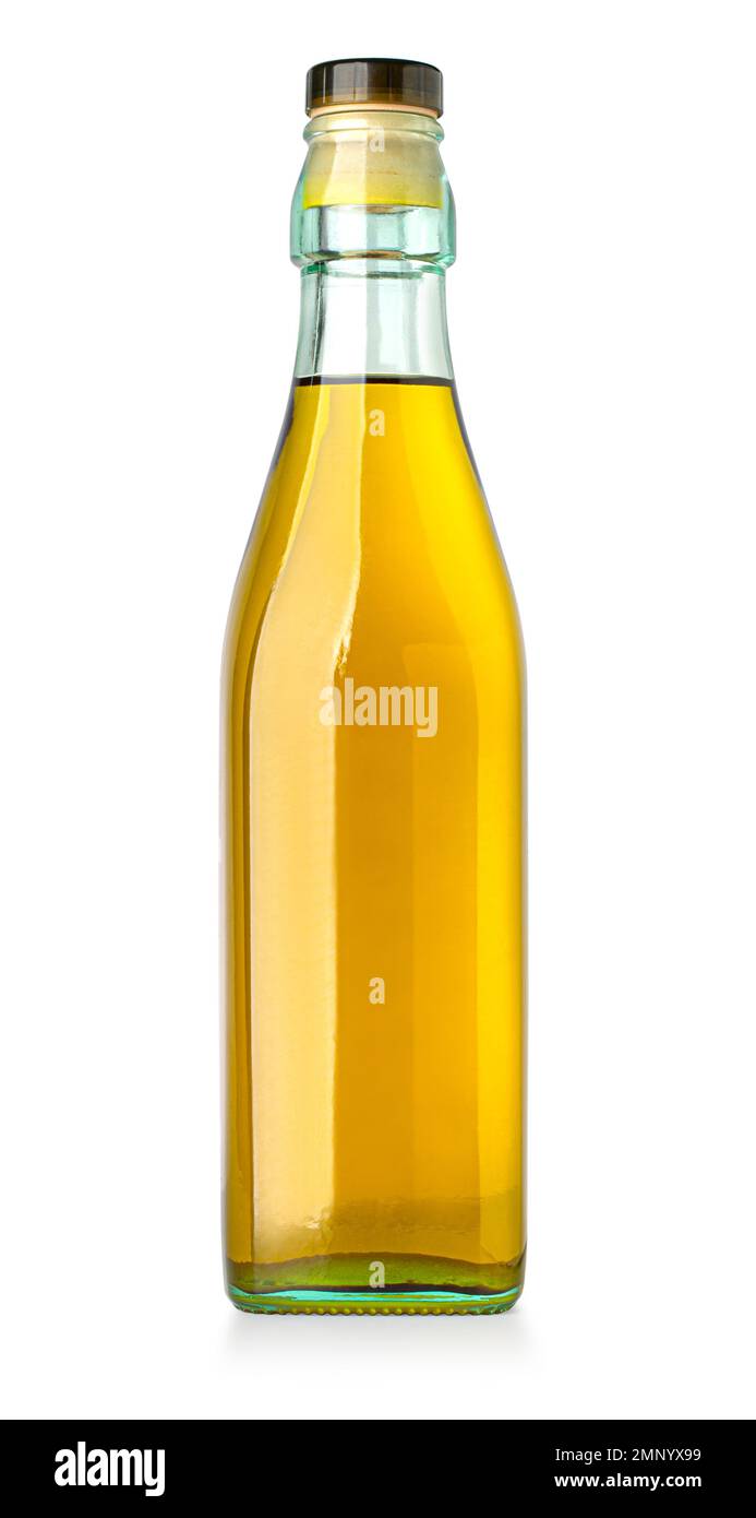 Glasflasche mit Olivenöl isoliert auf weißem Hintergrund mit Schnittpfad Stockfoto