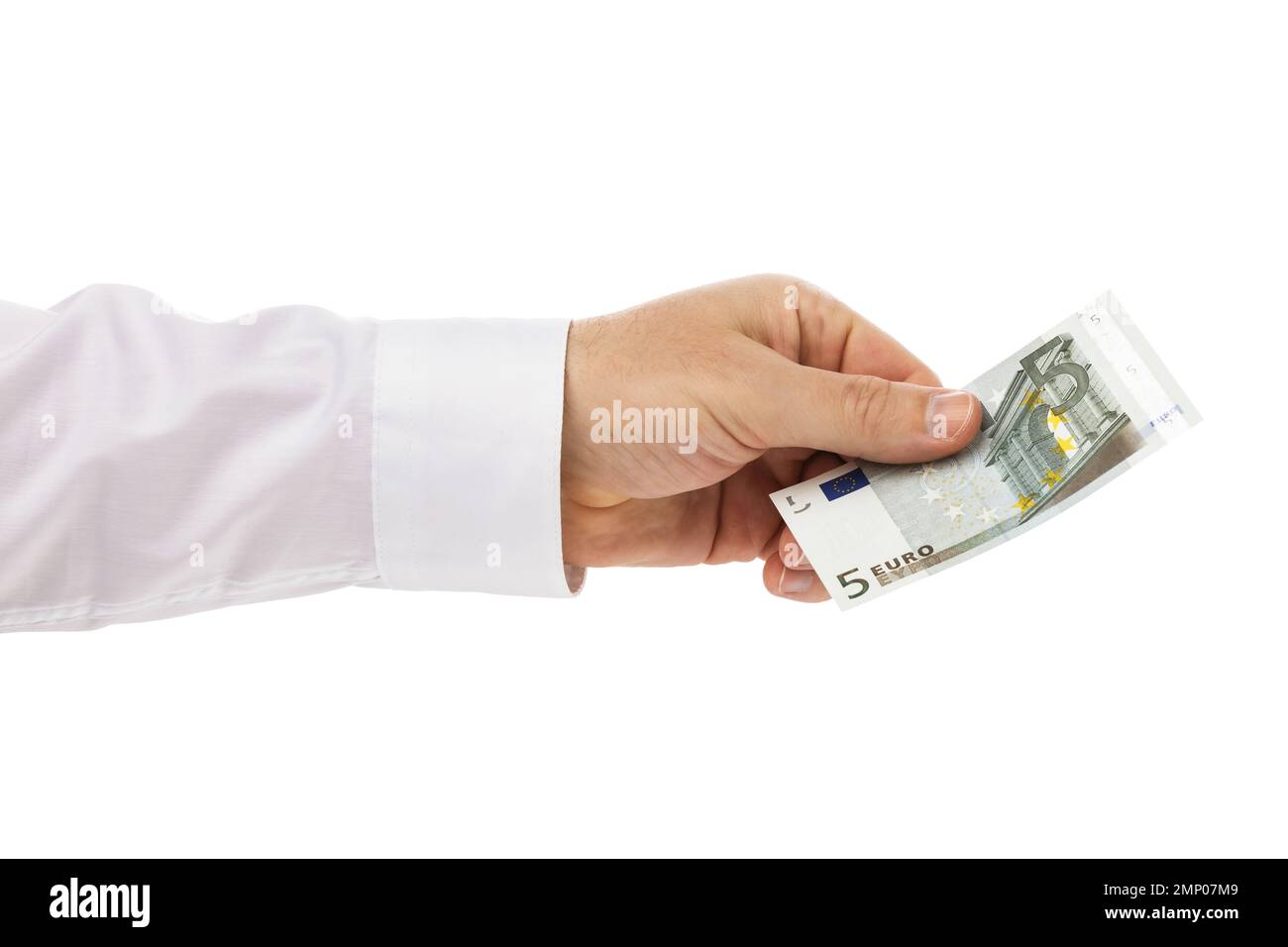 Eine Hand verschenkt 5 Euro, isoliert auf weißem Hintergrund Stockfoto