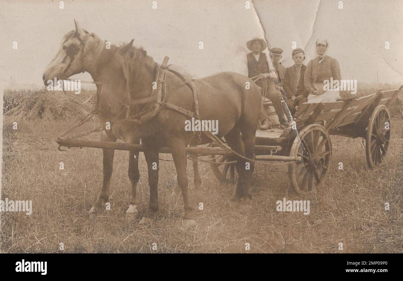 Vintage-Moment / Vintage-lustiger Moment / Vintage-Foto / Power of the Moment / magische Momente / Vintage-Bauernfamilie auf einem hölzernen Pferdewagen im 1890er. Stockfoto