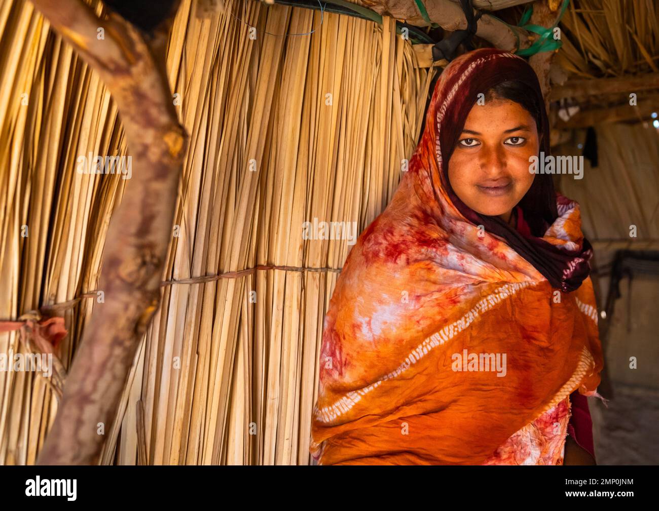 Porträt einer jungen tuareg-Frau in einem Schilfhaus, Nordafrika, Tamanrasset, Algerien Stockfoto