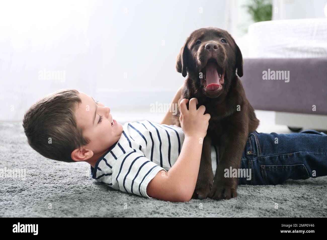 Kleiner Junge mit Welpe auf dem Boden im Schlafzimmer. Freundlicher Hund Stockfoto