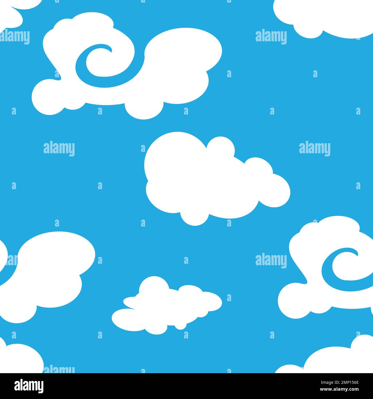 Weiße flauschige Wolken über einem blauen Himmelsklemmen. Einfaches Cartoon-Design. Nahtloses Muster. Flache Vektordarstellung Stock Vektor