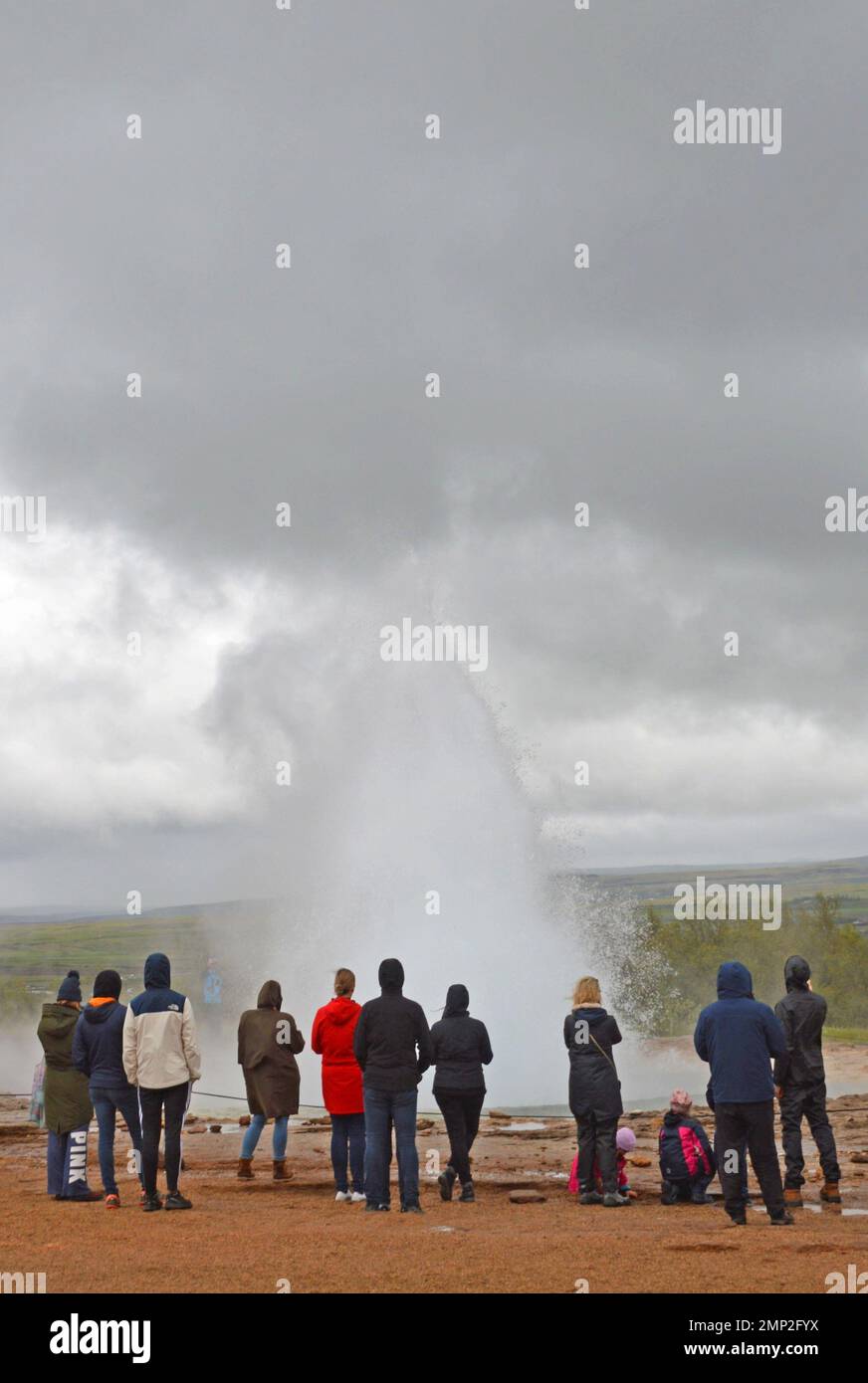 Island, Geysir: An der Stelle des ursprünglichen, berühmten Geysir wird regelmäßig Dampf ausgestoßen. Stockfoto