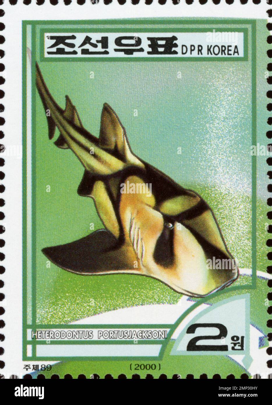 Nordkoreanische Briefmarke aus dem Jahr 2000 mit einem Port Jackson-Hai (Heterodontus portusjacksoni) im Wert von 2 Won. Stockfoto