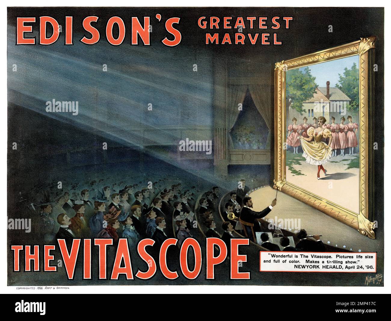 Edisons größtes Wunder. Das Vitaskop. Künstler unbekannt. Veröffentlicht 1896 in den USA. Stockfoto