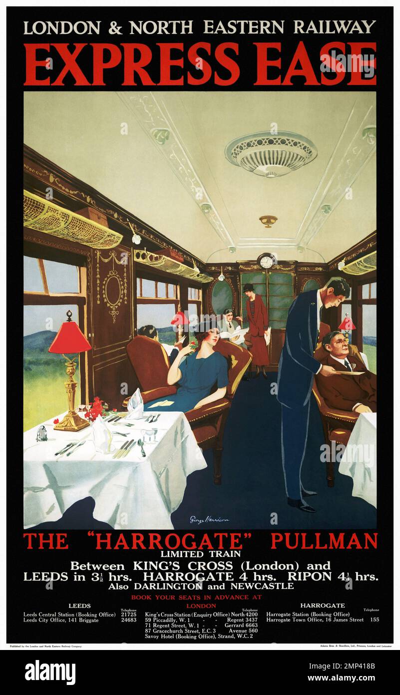 Drücken Sie Leichtigkeit Aus. Das Harrogate Pullman von George Harrison (Datum unbekannt). Poster wurde in den 1920er Jahren in Großbritannien veröffentlicht. Stockfoto