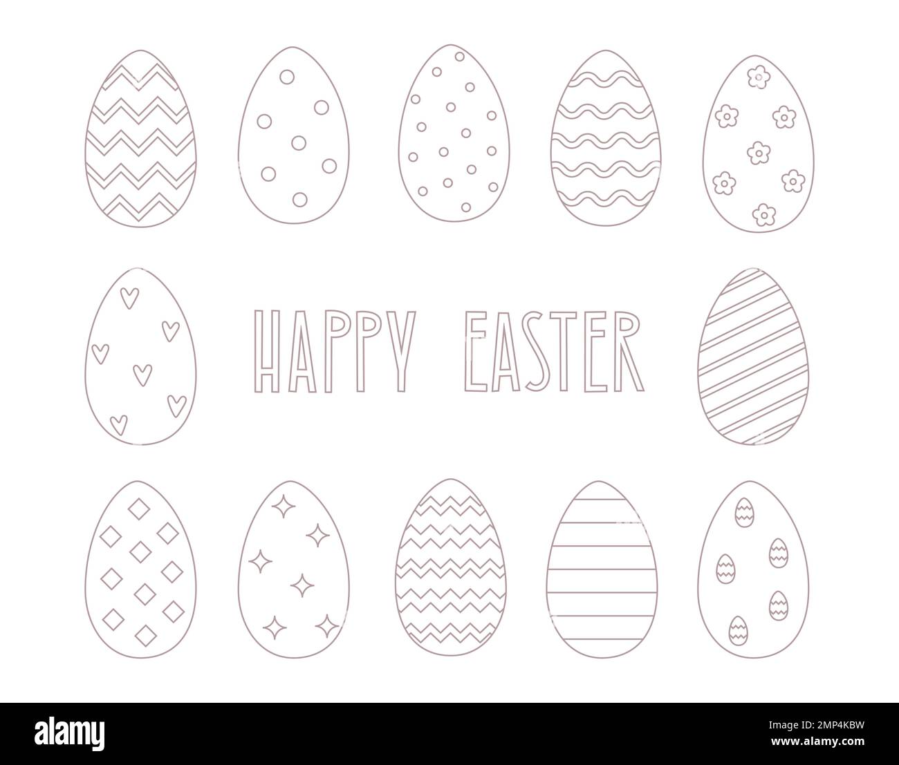 ostereier-Vektorbilder umreißen. Frohe Ostern Text. Stock Vektor