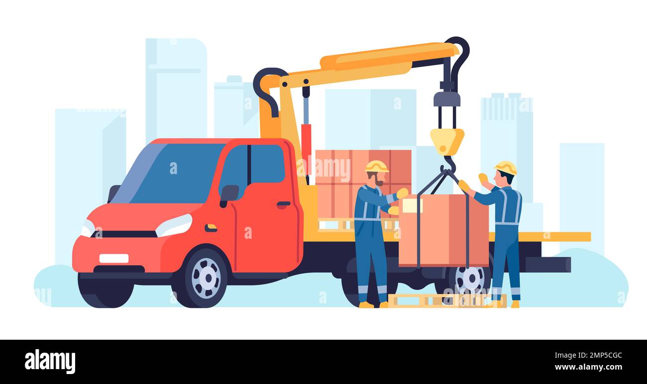 Fahrzeug mit Kran. Bau- und Ladegeräte. Männer, die Kisten an Maschinen heben. Frachtcontainer hängen am Haken. Arbeiter, die LKW entladen Stock Vektor