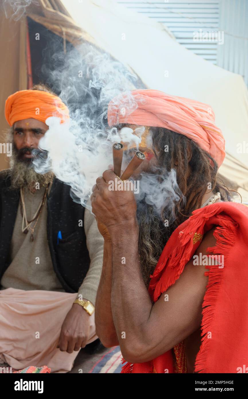 Indische Männer rauchen Haschisch, Allahabad Kumbh Mela, der weltweit größte religiöse Versammlung, Uttar Pradesh, Indien Stockfoto