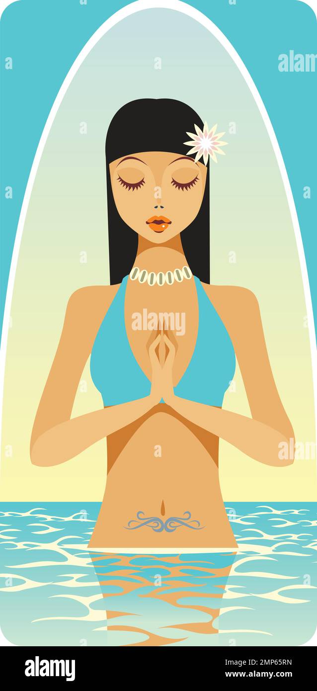 Wellness-Spa, Urlaub und Yoga-Meditationskonzept. Junge asiatische Frau im Badeanzug meditiert im Meer oder Schwimmbad. Vektordarstellung Stock Vektor