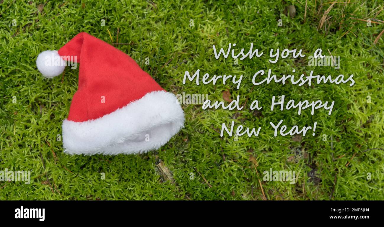 Weihnachtskarte weihnachtsmann Hut und englischer Text: I wish you a Merry Christmas and a Happy New Year. (Ich wünsche dir frohe Weihnachten und ein glückliches neues Jahr Stockfoto