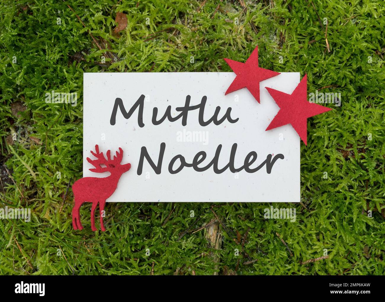 Weihnachtskarte mit Rentieren und Sternen und türkischem Text: Merry Christmas Stockfoto