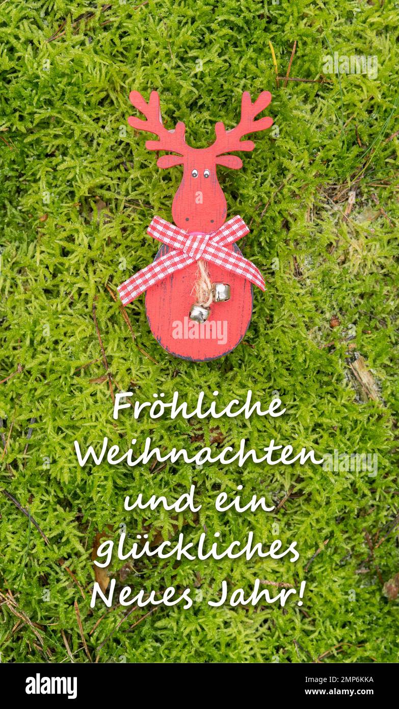 Weihnachtskarte mit rotem Rentier und deutschem Text: Merry Christmas and a Happy New Year Stockfoto