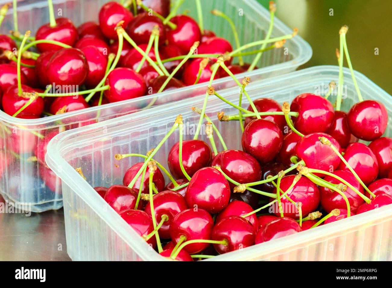 Süße Kirschernte in Bechern zum Verkauf Sommerbeeren saftige, leckere Vitamine Stockfoto