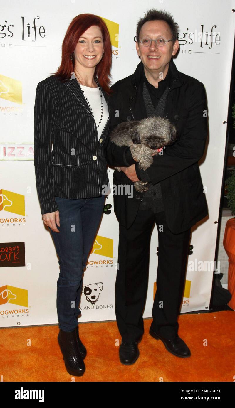 Die „True Blood“-Schauspielerin Carrie Preston und ihr Ehemann Michael Emerson posieren mit ihrem Hund auf dem Teppich während der zweiten jährlichen Spendenaktion „A Night of Emotion“, bei der Eine „Dog's Life Rescue“ im LA Dogworks stattfindet, einer Tagesstätte für Hunde, Einstieg, Training und Körperpflege. Los Angeles, Kalifornien. 02/03/11. Stockfoto