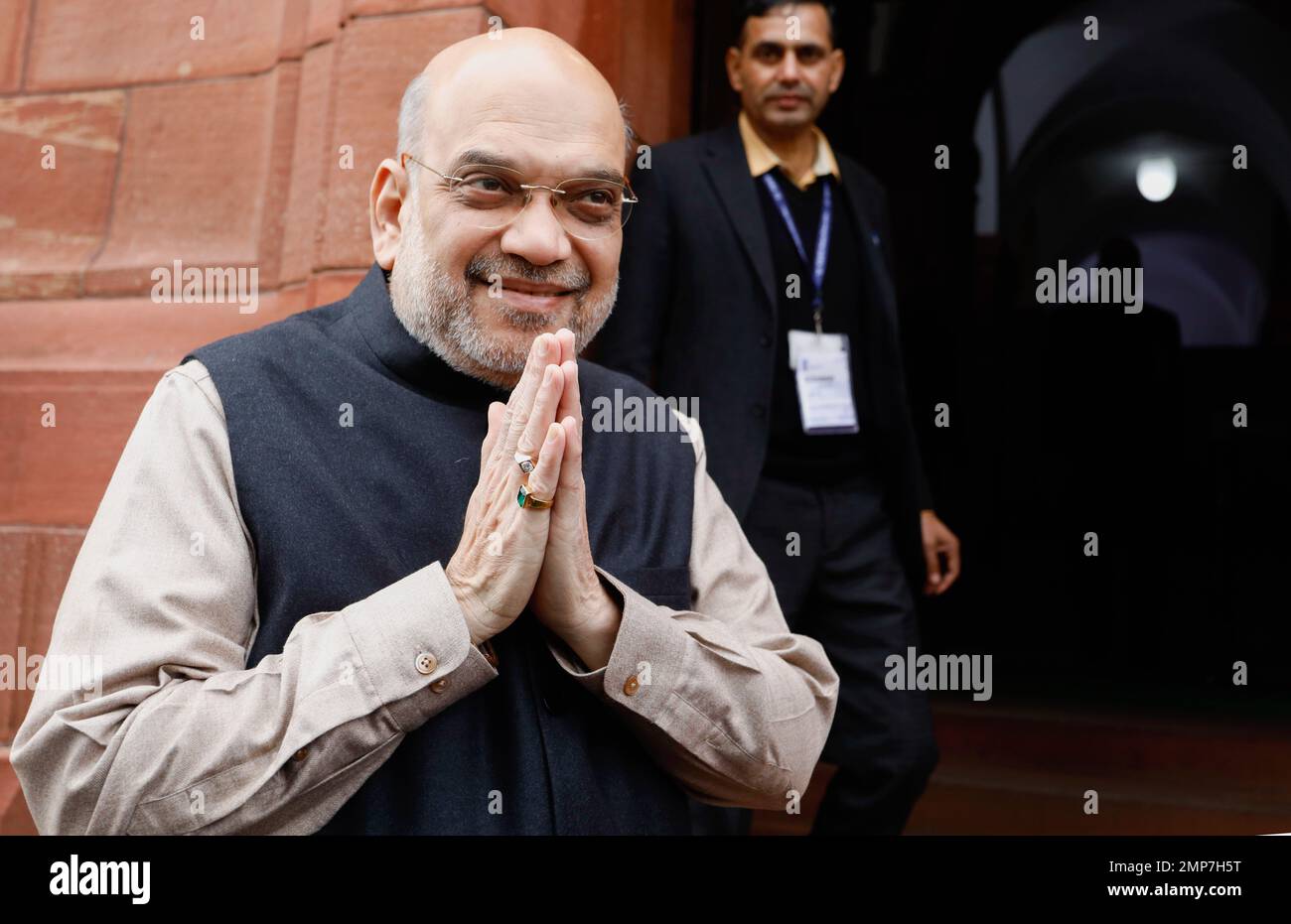 Neu-Delhi, Indien. 31. Januar 2023. Der Innenminister der Indischen Union, Amit Shah, trifft am ersten Tag der Haushaltssitzung im Parlamentsgebäude in Neu-Delhi ein. (Foto: Naveen Sharma/SOPA Images/Sipa USA) Guthaben: SIPA USA/Alamy Live News Stockfoto