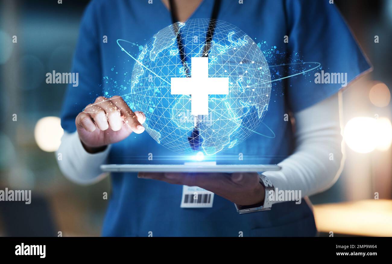 Krankenschwester, Hände oder Technologie für 3D Globe Networking, Gesundheitsgemeinde oder digitale Hilfe bei der Lebensversicherung. Zoom, medizinische oder futuristische Welt Stockfoto