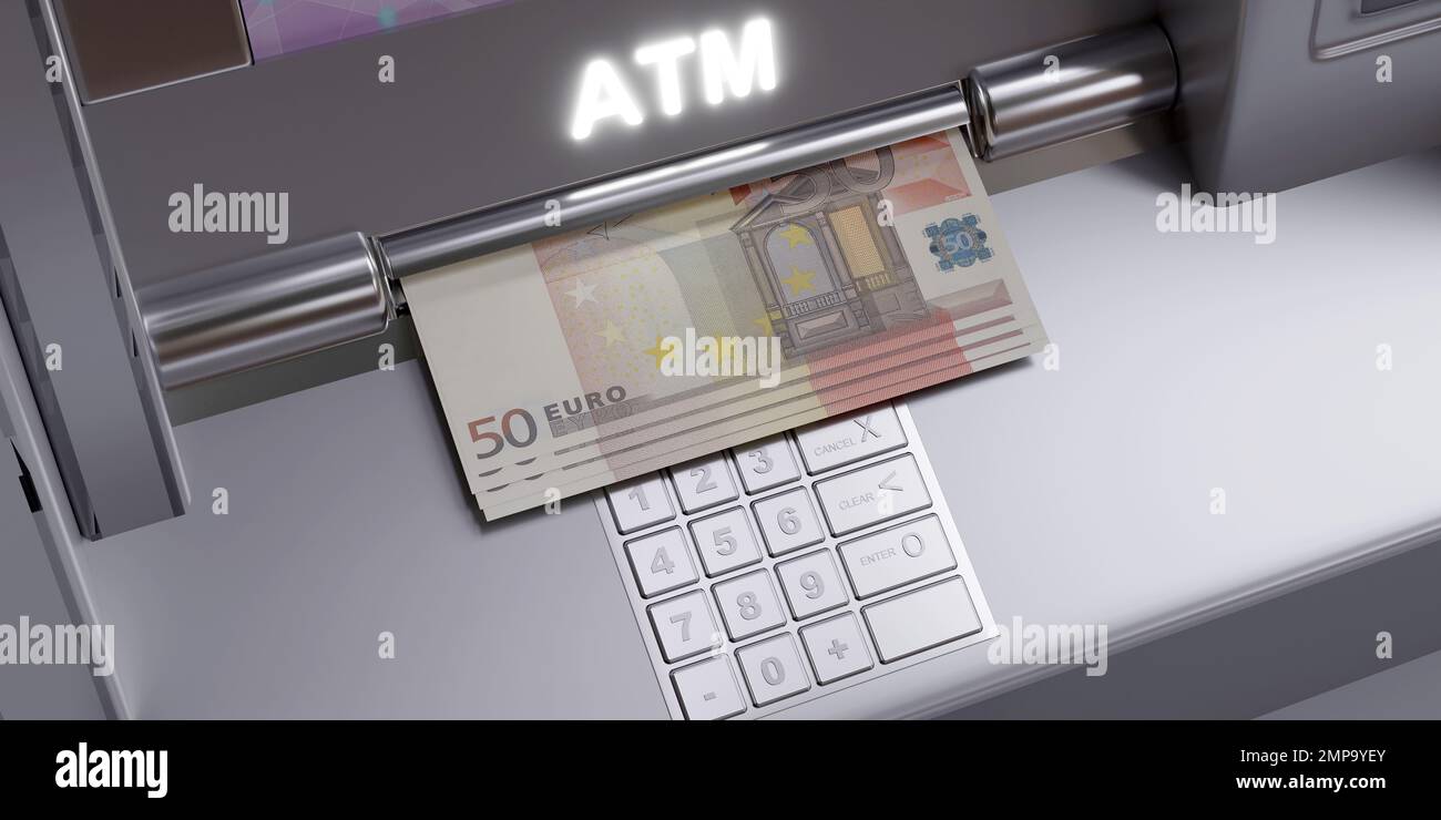 Euro-Banknote im Außenbereich am Geldautomaten. Barabhebung mit Karte, automatische Transaktion, Online-Geld. Oben, Nahaufnahme. 3D-Rendern Stockfoto