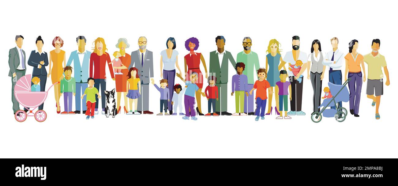 Verschiedene Eltern mit Babys und Kindern, Familien Gruppen isoliert auf weißer Illustration Stock Vektor