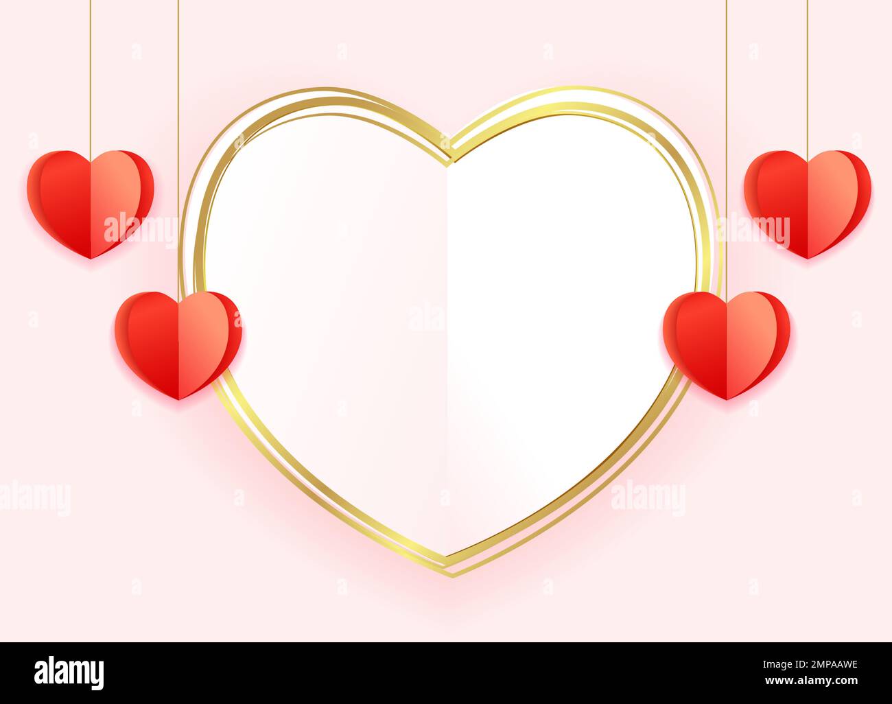 Alles gute zum Valentinstag mit Origami-Herzen. Papierherzen und goldener Liebesrahmen zum Valentinstag für Banner oder Hochzeitsdesign. Vektorkarte Stock Vektor