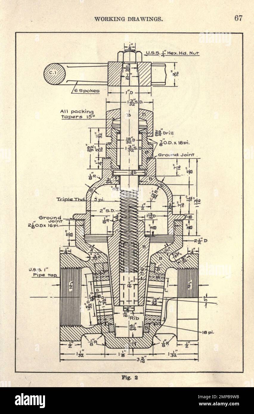Detaillierte Arbeitszeichnungen aus dem Buch „ Mechanical Drafting “ von Henry Willard Miller, Illinois University. Abteilung für allgemeine technische Zeichnung Veröffentlichungsdatum 1917 Publisher Peoria, Illinois Die Handwerker Kunstpresse Stockfoto