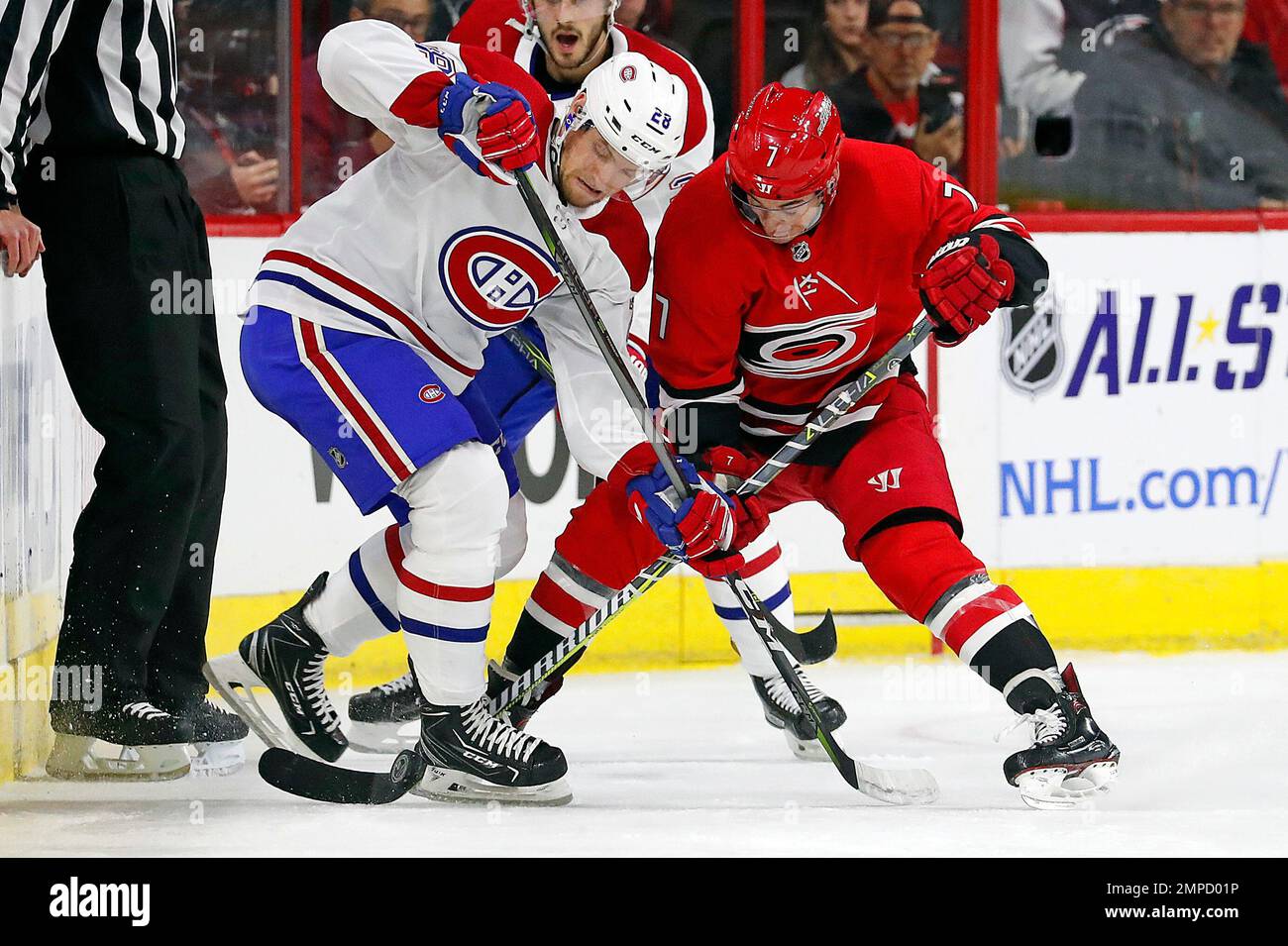 Carolina Hurricanes' Derek Ryan (7) battles with Montreal Canadiens