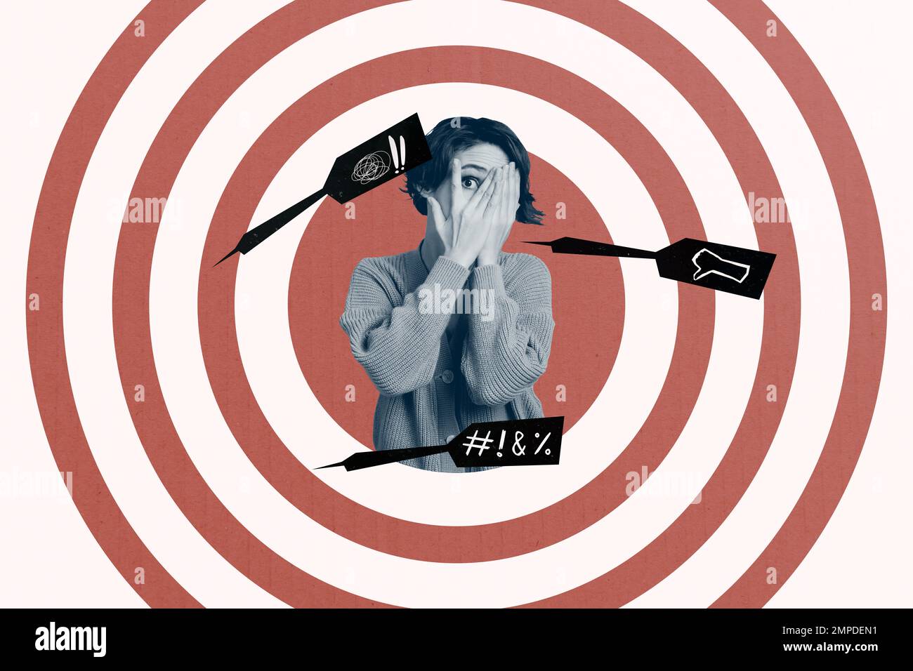 Foto 3D Collage Poster Postkartenbild einer verärgerten unzufriedenen Dame leidende Follower Kommentare eigener Blog isoliert auf Hintergrund zeichnen Stockfoto