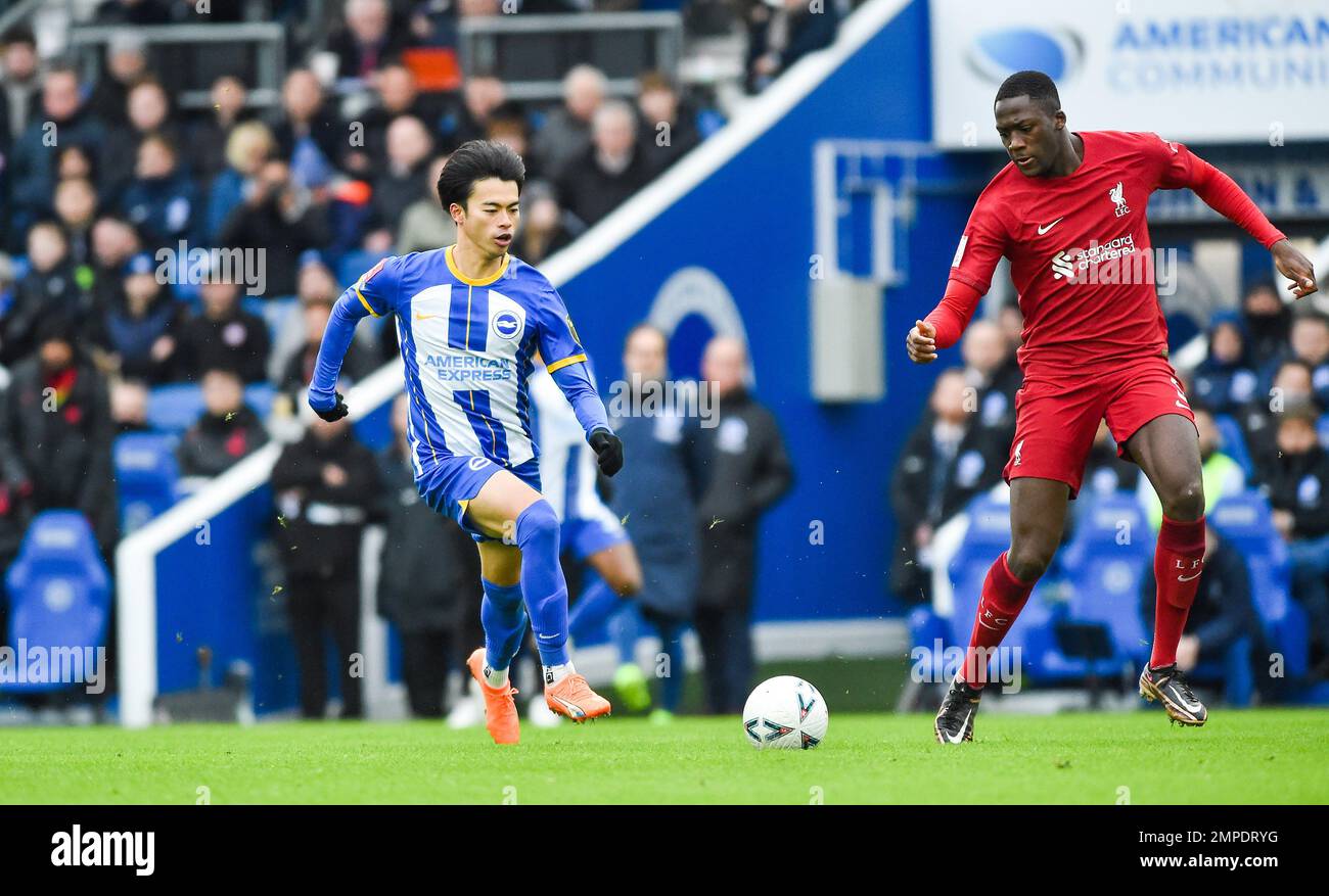 Kaoru Mitoma von Brighton während des Emirates FA Cup vierten Spielfeldes zwischen Brighton & Hove Albion und Liverpool im American Express Community Stadium , Brighton , Großbritannien - 29. Januar 2023 Photo Simon Dack/Tele Images. Nur redaktionelle Verwendung. Kein Merchandising. Für Fußballbilder gelten Einschränkungen für FA und Premier League. Keine Nutzung von Internet/Mobilgeräten ohne FAPL-Lizenz. Weitere Informationen erhalten Sie von Football Dataco Stockfoto