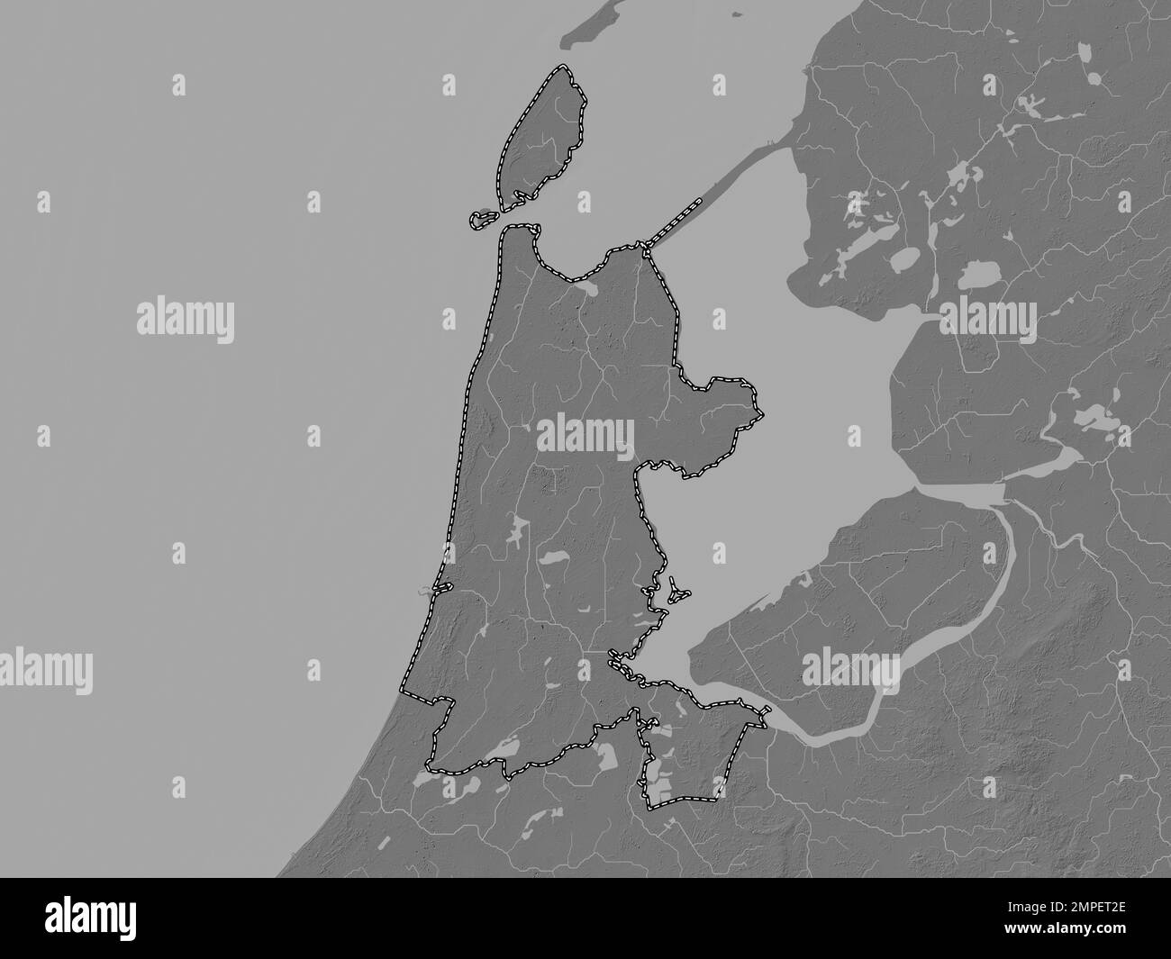 Noord-Holland, niederländische Provinz. Bilevel-Höhenkarte mit Seen und Flüssen Stockfoto