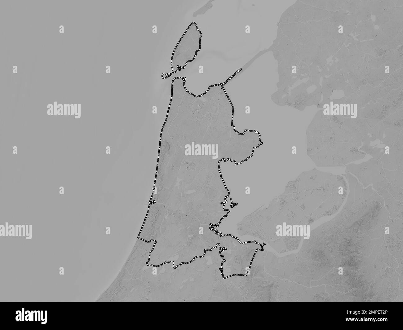 Noord-Holland, niederländische Provinz. Grauskala-Höhenkarte mit Seen und Flüssen Stockfoto