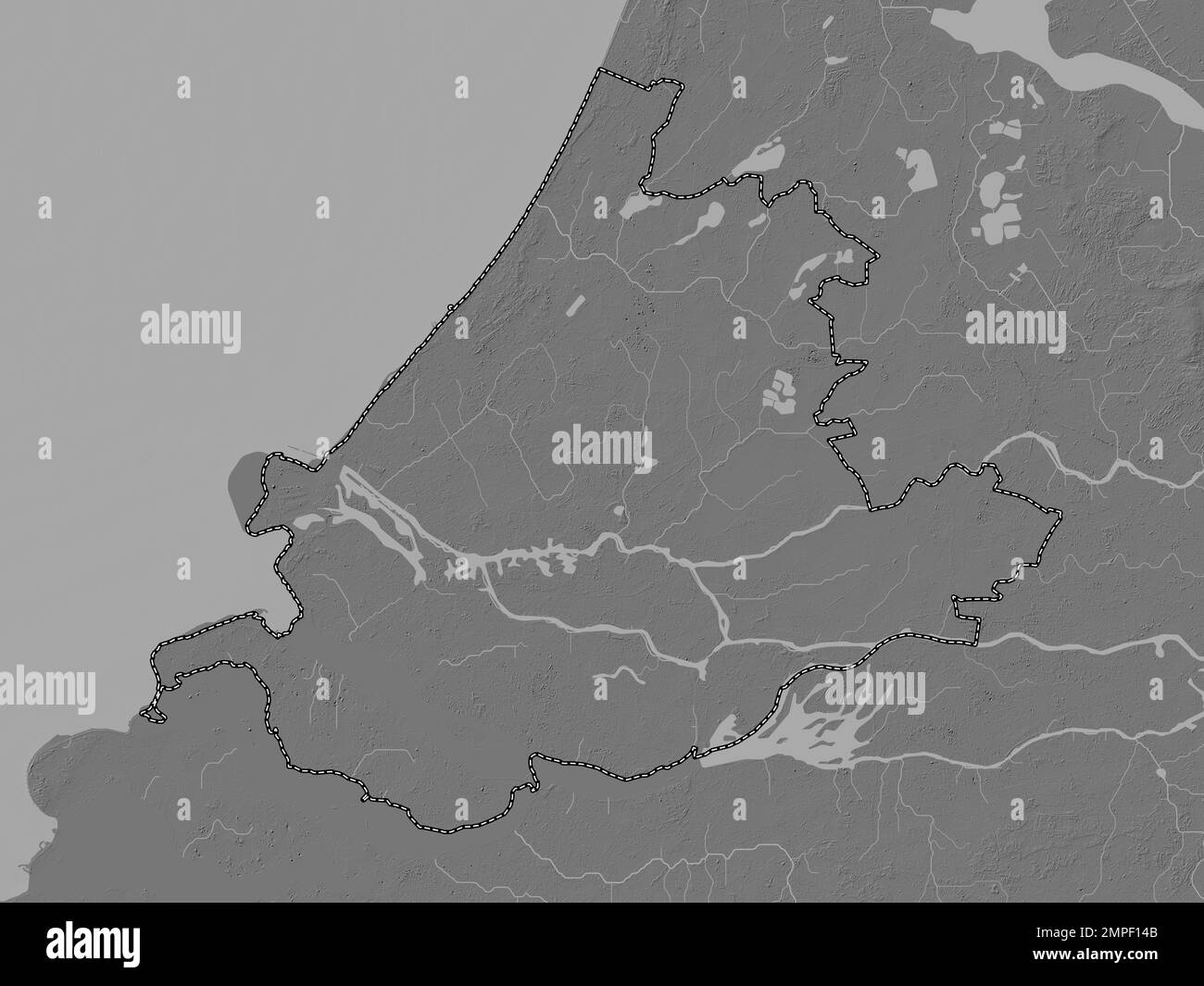 Zuid-Holland, niederländische Provinz. Bilevel-Höhenkarte mit Seen und Flüssen Stockfoto