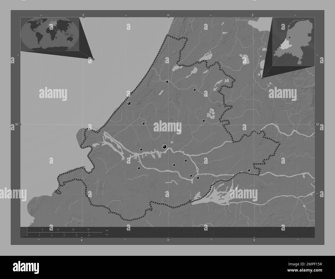 Zuid-Holland, niederländische Provinz. Bilevel-Höhenkarte mit Seen und Flüssen. Standorte der wichtigsten Städte der Region. Lage der Zusatzgeräte an der Ecke Stockfoto