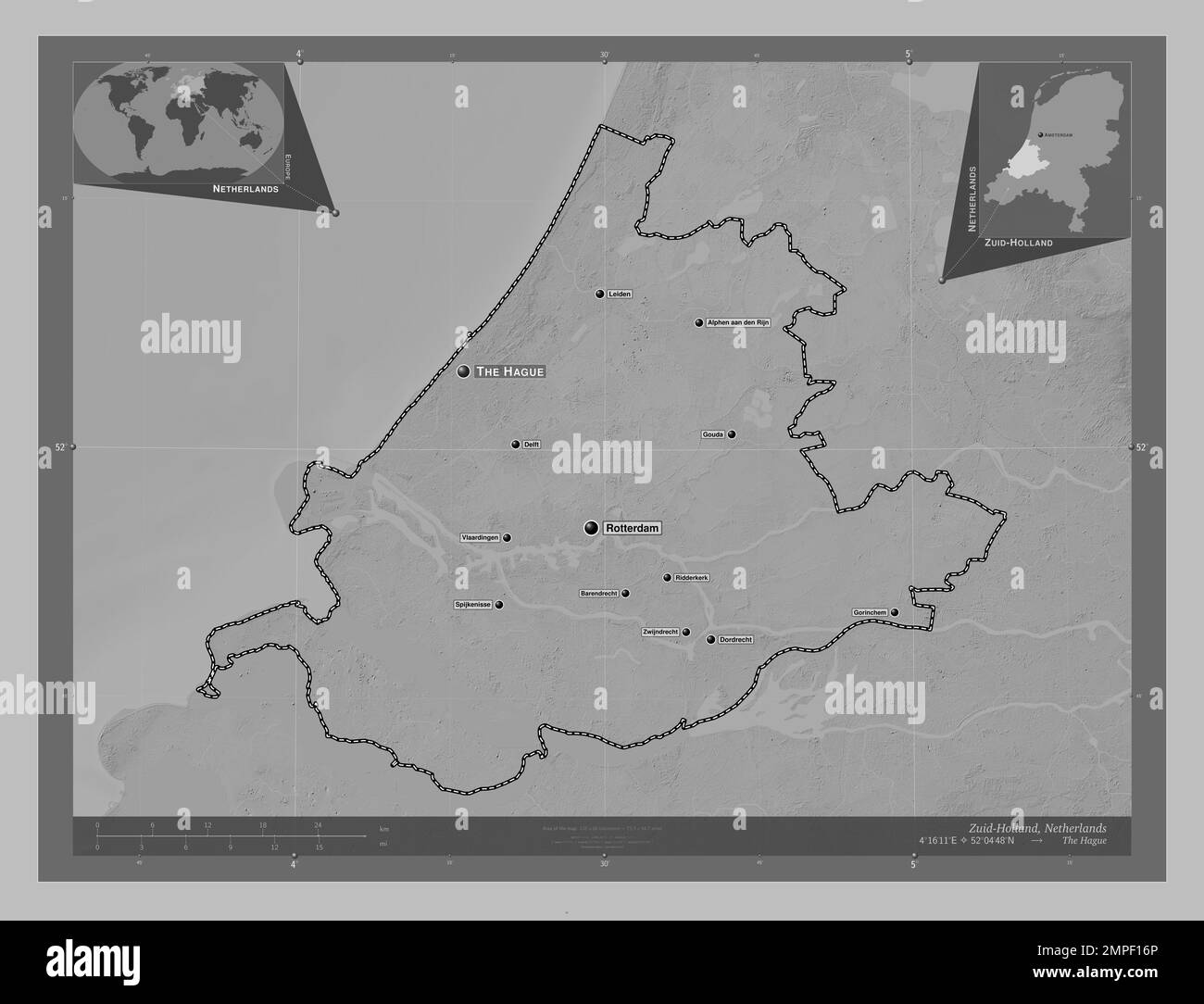 Zuid-Holland, niederländische Provinz. Grauskala-Höhenkarte mit Seen und Flüssen. Standorte und Namen der wichtigsten Städte der Region. Ecke autokorr Stockfoto