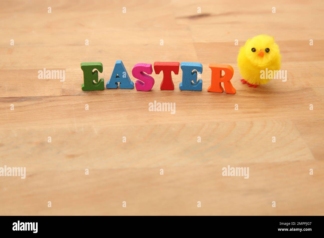 Osterspelz in bunten Holzbuchstaben auf einem natürlichen beigen Holzhintergrund mit einem flauschigen gelben Küken daneben. Stockfoto