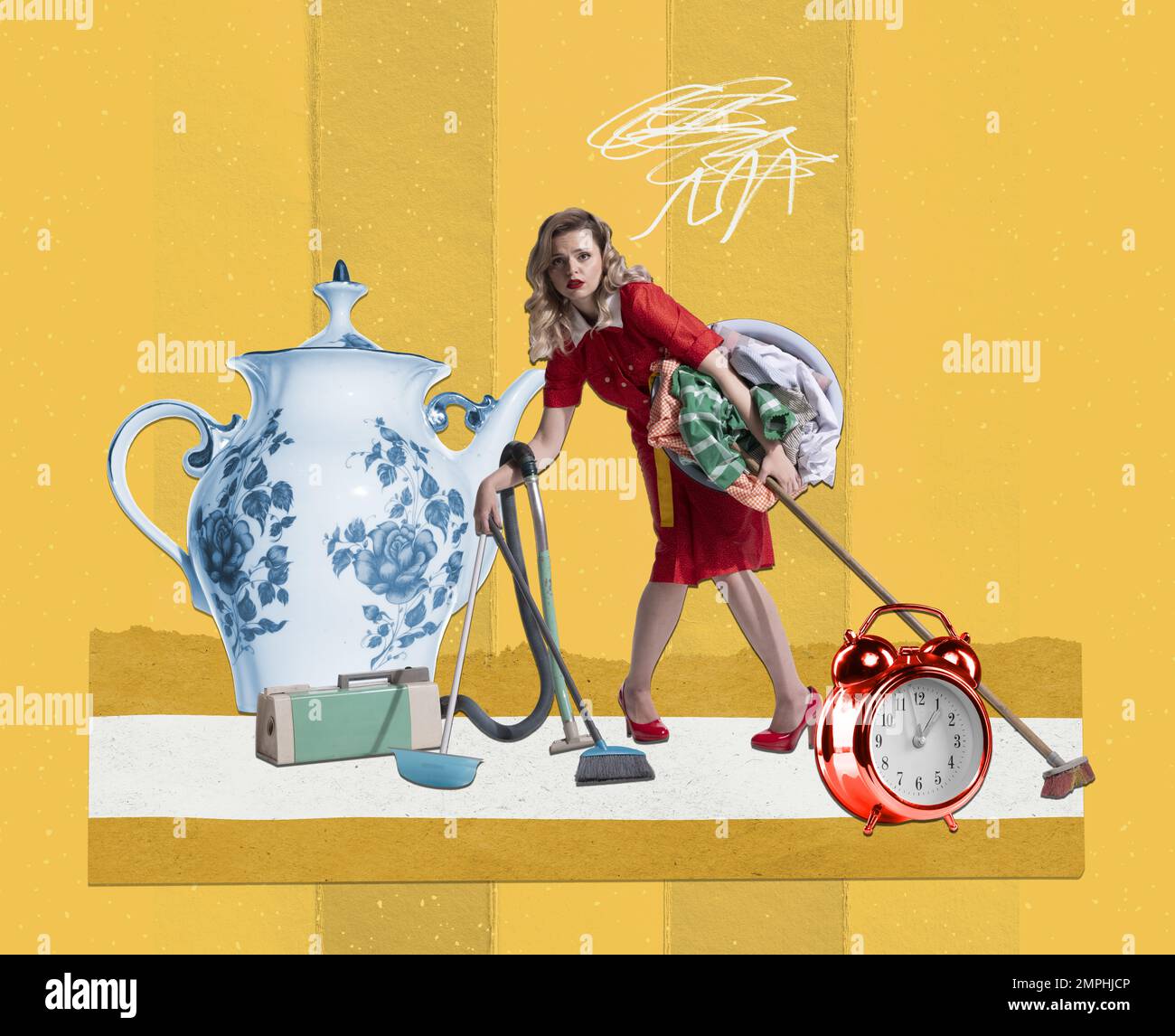 Collage für zeitgenössische Kunst. Kreatives Design. Junge, stilvolle Frau, die Hausarbeiten macht, wäscht, kocht, reinigt auf gelbem Hintergrund Stockfoto