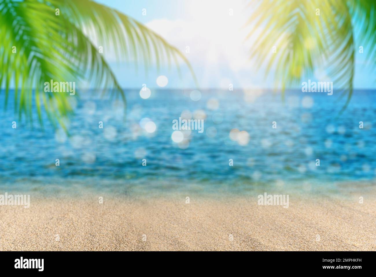Verwischen Sie wunderschöne grüne Palmenblätter am tropischen Strand, abstrakter Hintergrund. Kopierraumkonzept für Sommerurlaub und Geschäftsreise. Stockfoto