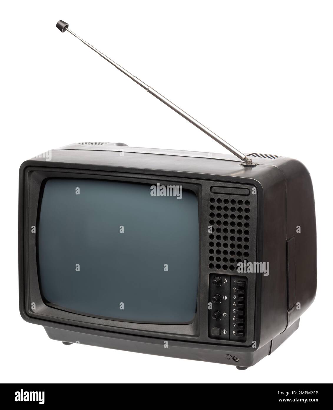 Tragbarer, schwarzer und weißer CRT-TV-Receiver im Vintage-Design, isoliert auf weißem Hintergrund. Retro-Technologie-Konzept Stockfoto