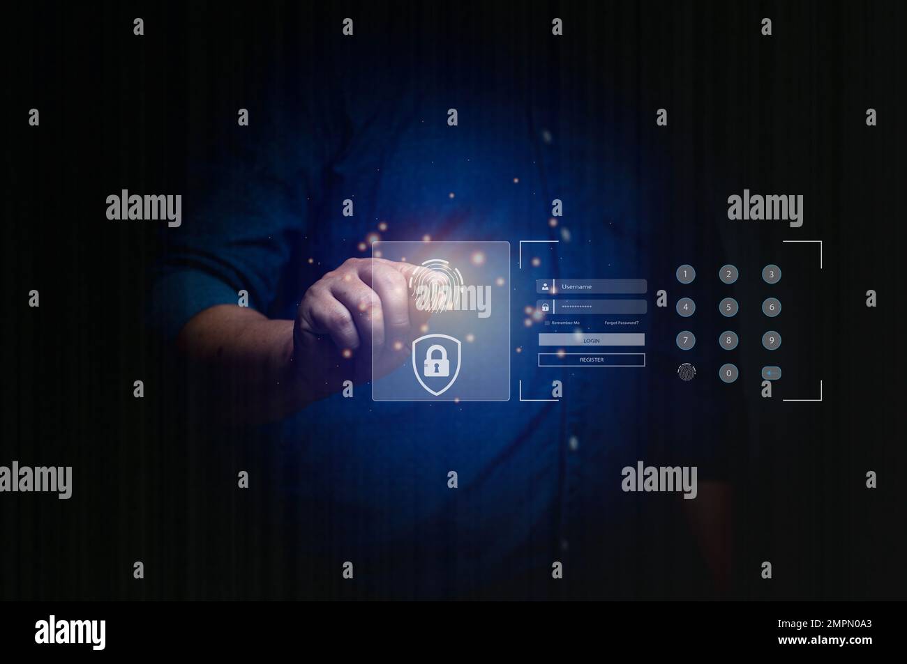 Anmeldekonzept mit Fingerabdruckauthentifizierung. Online-Sicherheitseinstellungen. Zugriff auf das System über Identität Online-Transaktionen, Finanzen, Banking, Shopp Stockfoto