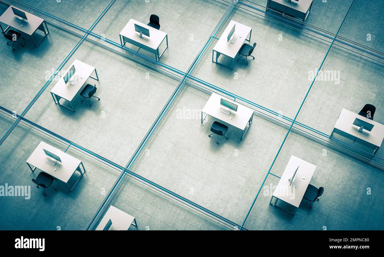 Durch elektrische Leitungen und Verbindungskanäle abgetrennte Arbeitsplätze. Trennungskonzept. 3D-Rendern Stockfoto