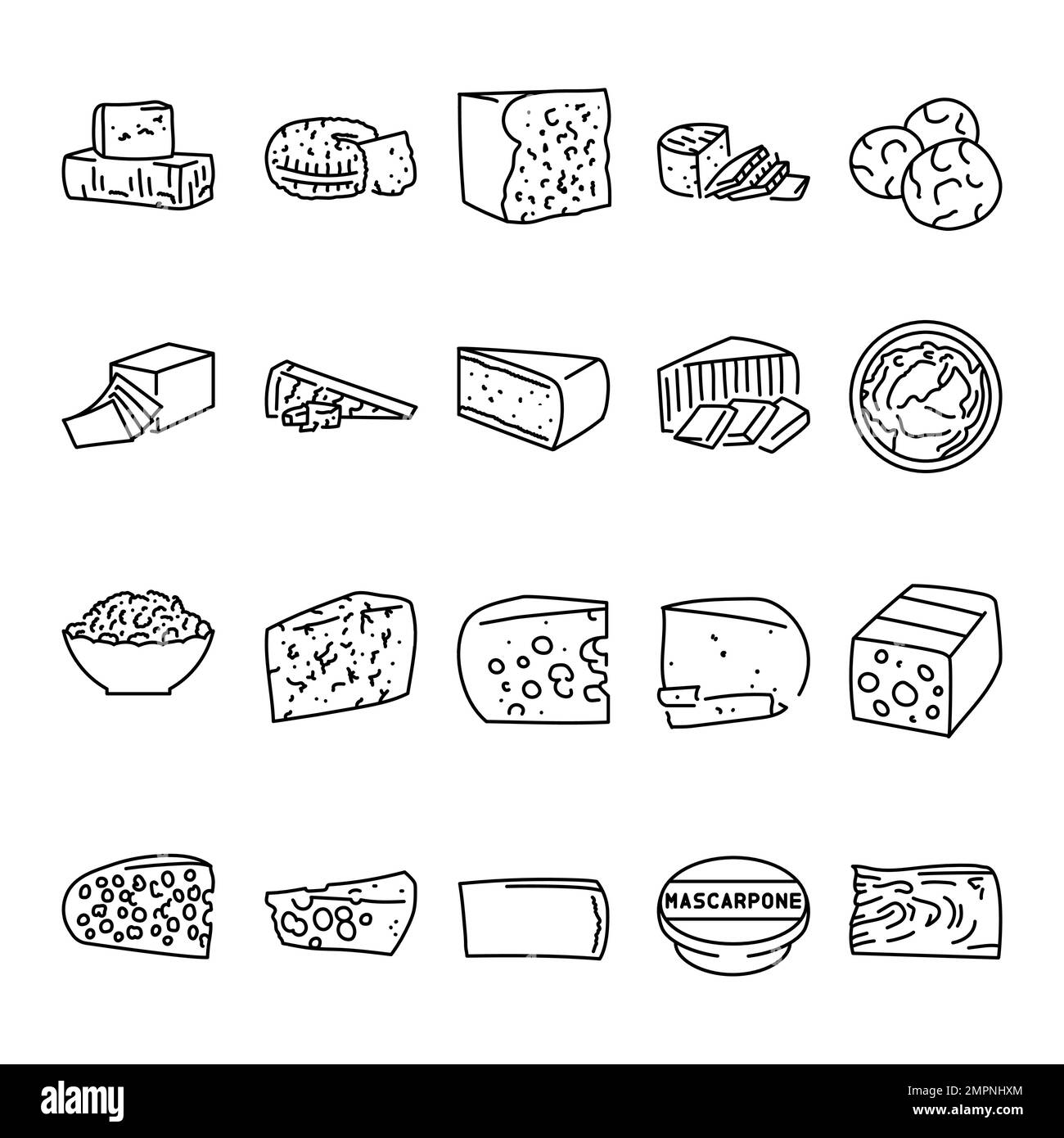 Käsesorten mit schwarzen Linien. Milchprodukte. Piktogramme für Webseiten, mobile Apps, Werbeaktionen. Stock Vektor