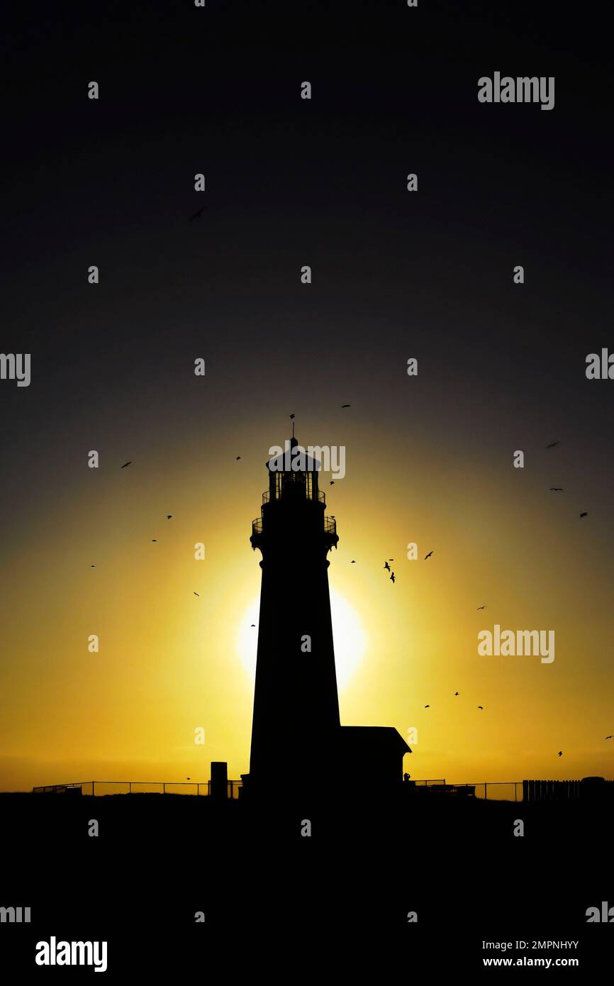 Yaquina Head Lighthouse, 1873, historisch, Silhouette, Sonnenuntergang, Fliegende Vögel, Leuchtfeuer, schwarz, gelb, Höhe 93 Fuß, Küste Oregons, Newport, OR Stockfoto