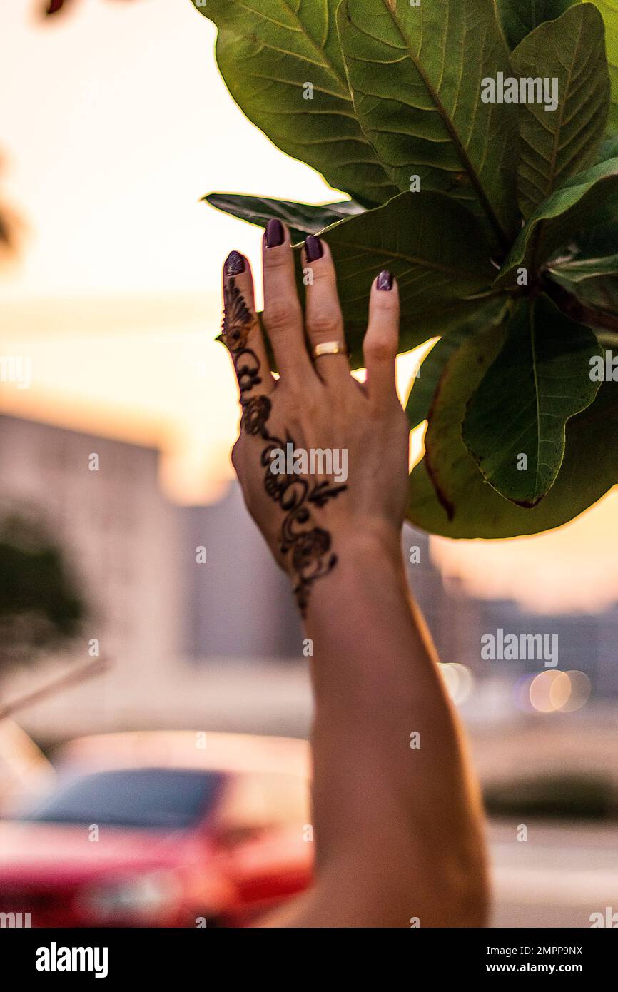Nahaufnahme der Hand einer schönen Frau mit Nagellack und Henna-Design Stockfoto