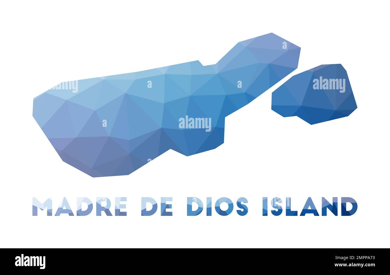 Niedrige Poly-Karte der Insel Madre de Dios. Vieleckige Karte der Insel Madre de Dios. Technologie, Internet, Netzwerkkonzept. Vektordarstellung. Stock Vektor
