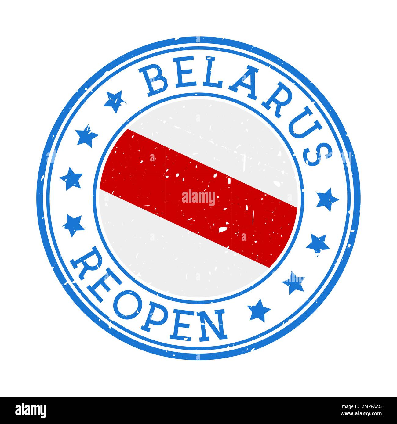 Belarussische Wiedereröffnungsmarke. Rundes Abzeichen des Landes mit der früheren Flagge von Belarus (Symbol des Protests, derzeit von den Behörden verboten). Wir öffnen uns wieder Stock Vektor