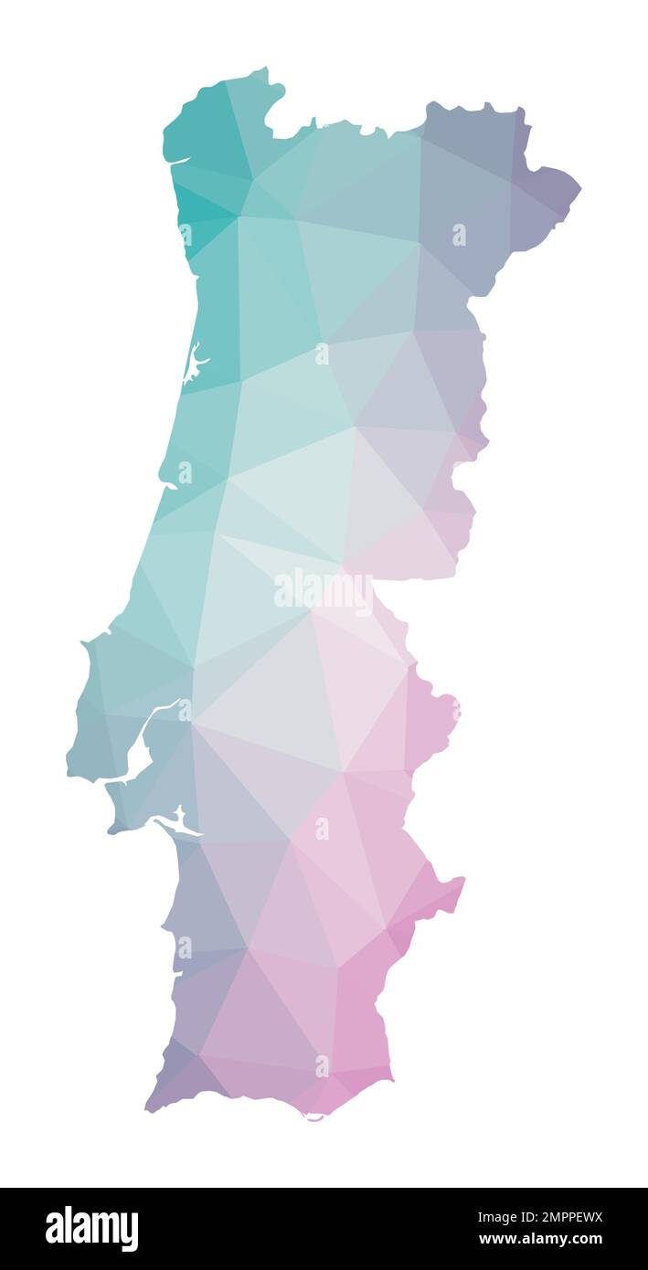 Polygonale Karte von Portugal. Geometrische Darstellung des Landes in Smaragd- und Amethystfarben. Portugal Landkarte im Low Poly-Stil. Stock Vektor