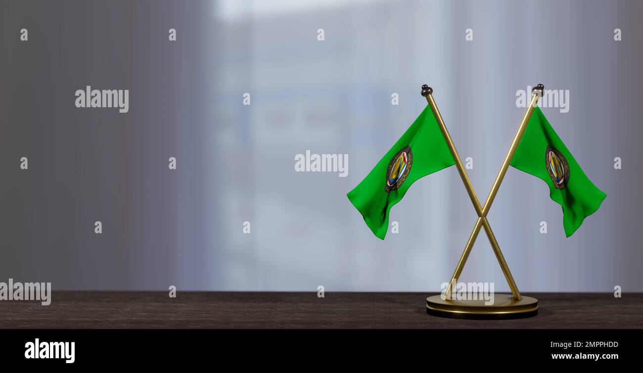 Flaggen GCC am Verhandlungstisch, Flaggen Golf-Kooperationsrat, Flaggen auf wenig verschwommenem Hintergrund. 3D Arbeit und 3D Bild Stockfoto