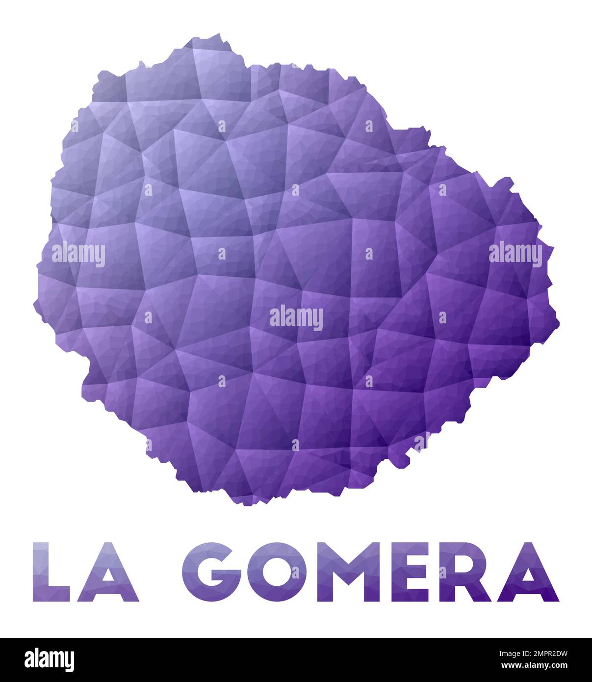 Karte von La Gomera. Niedrige Poly-Darstellung der Insel. Lilafarbenes geometrisches Design. Darstellung des polygonalen Vektors. Stock Vektor