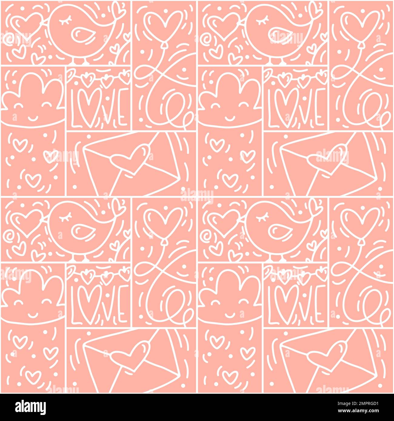 Vektor des Valentinslogo Nahtloses Muster Liebe, Vogel, Herz, Umschlaglinie und Kurzdarstellung auf pinkfarbenem Hintergrund. Handgezeichneter Monolin-Konstrukteur für Romantik Stock Vektor