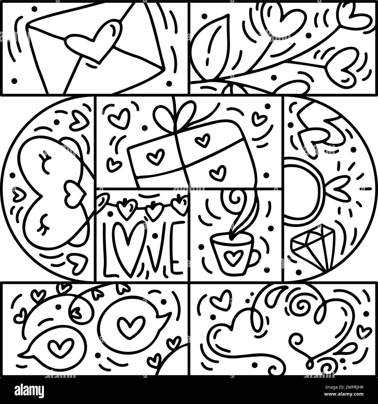 Valentinstag Logo Vektor Nahtloses Muster Geschenkbox, Umschlag, Herz und Ring. Handgezeichneter Monolin-Konstrukteur für eine romantische Grußkarte Stock Vektor